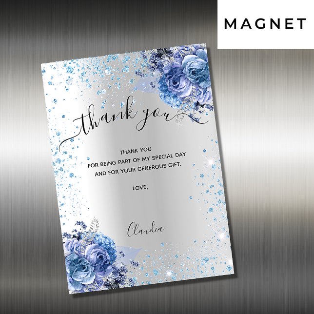 Carte Magnétique Parties scintillant florale bleu argenté merci car (Créateur téléchargé)