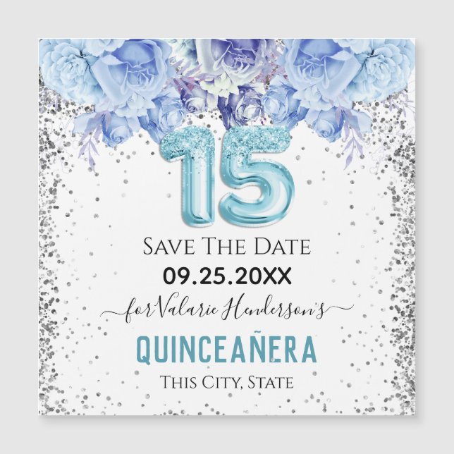 Carte Magnétique Parties scintillant florale Blue Quinceañera Enreg (Devant)