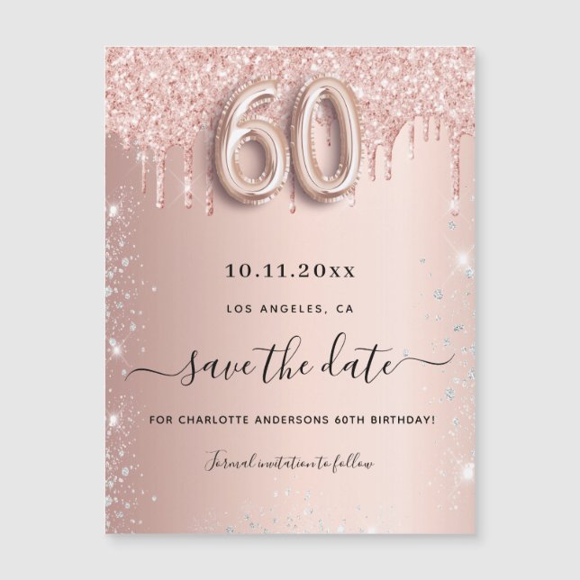 Carte Magnétique parties scintillant rose de 60e anniversaire enreg (Devant)