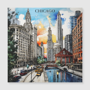 Carte Magnétique Paysage de Chicago à l'aquarelle – Ville venteuse