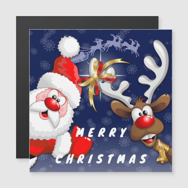 Carte Magnétique Père Noël et Reindeer Joyeux Noël Joyeux dessin an (Devant / Derrière)