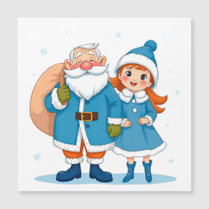 Carte Magnétique Père Noël souriant et jeune fille des neiges