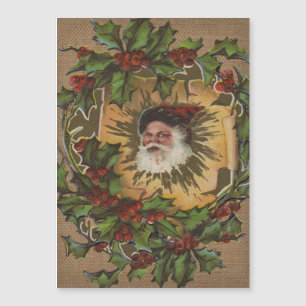 Carte Magnétique Père Noël Vintage Antique Houx Noël