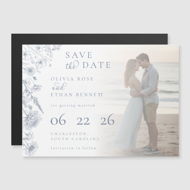 Carte Magnétique Periwinkle Botanical Photo Wedding Save the Date  (Devant / Derrière)