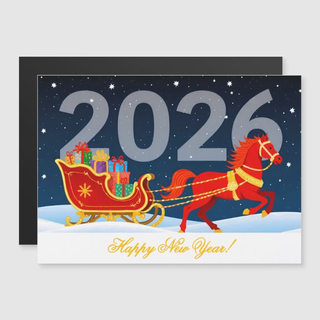 Carte Magnétique Personnalisé Bonne Année du Cheval Rouge Fiery 202 (Devant / Derrière)