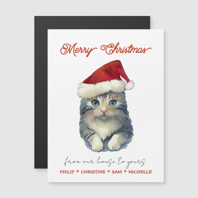 Carte Magnétique Personnaliser le chat de Père Noël mignon (Devant / Derrière)
