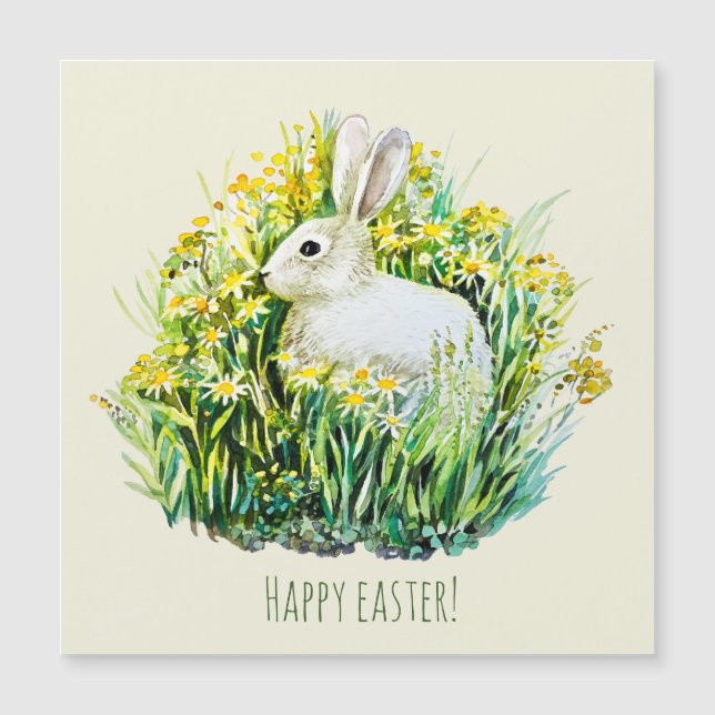 Carte Magnétique Petit lapin blanc et fleurs (Devant)