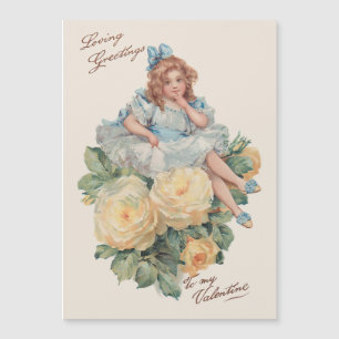 Carte Magnétique Petite fille Vintage, Rose et Valentine salutation
