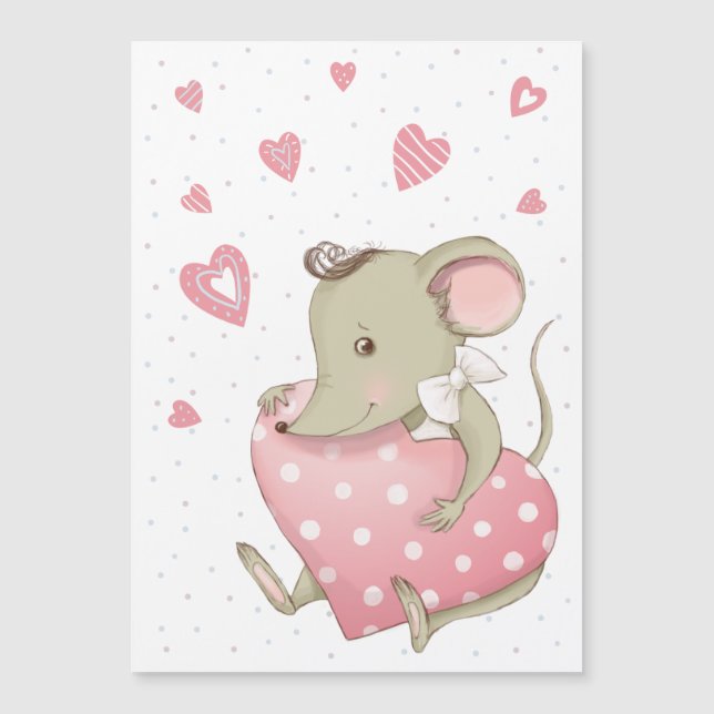 Carte Magnétique Petite souris mignonne avec coeur rose (Devant)