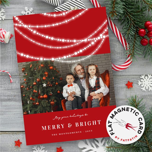 Carte magnétique photo Joyeuse et brillante (Merry & Bright Stylish Sparkling & Glowing Lights Photo Modern Magnetic Holiday Card @ fat_fa_tin)