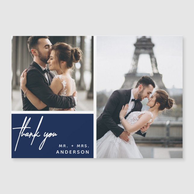 Carte Magnétique Photo moderne Collage Mariage Marine Merci bleu (Devant)