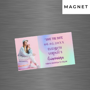 Carte Magnétique Photo rose holographique Quinceanera Enregistrer l