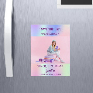 Carte Magnétique Photo rose holographique Sweet 16 Enregistrer la d