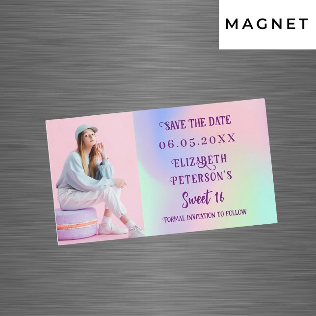 Carte Magnétique Photo rose holographique Sweet 16 Enregistrer la d (Créateur téléchargé)