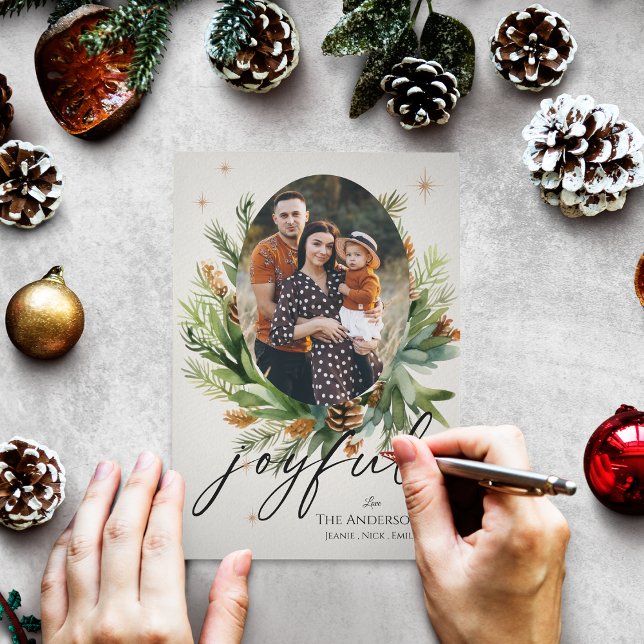 Carte Magnétique Photos de famille Feuilles verts Joyeux Noël (Multi Family Photos Green Leaves Joyful Christmas Greeting Card)