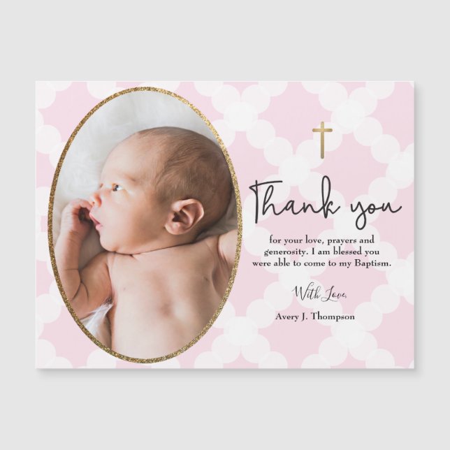 Carte Magnétique Pink or blanc Baptême merci bébé photo (Devant)