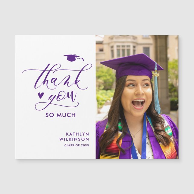 Carte Magnétique Purple Elegant Script Photo Graduation Merci (Devant)