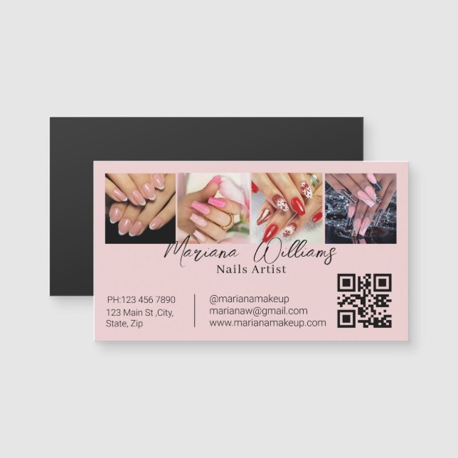 Carte Magnétique qr code ongles artiste 4 photos pink business aima (Devant / Derrière)