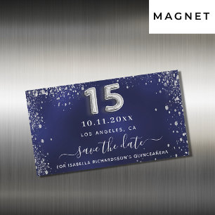 Carte Magnétique Quinceanera bleu marine argent enregistrer la date