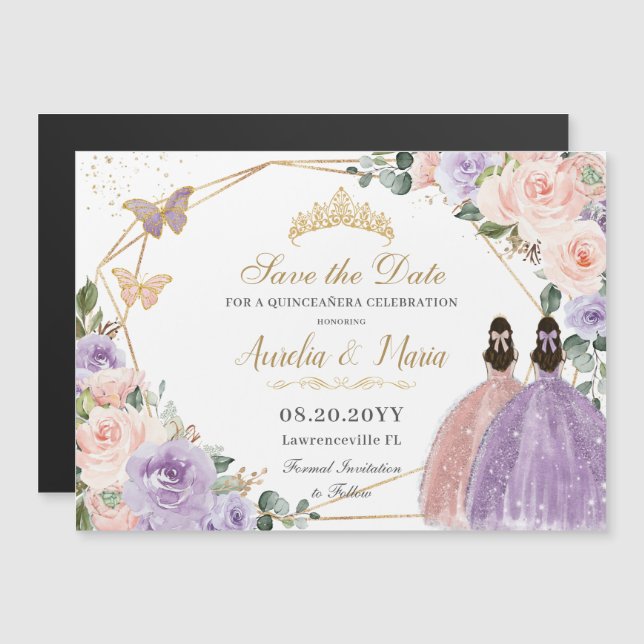 Carte Magnétique Quinceañera Lilac Blush Floral Rose Gold Twins (Devant / Derrière)