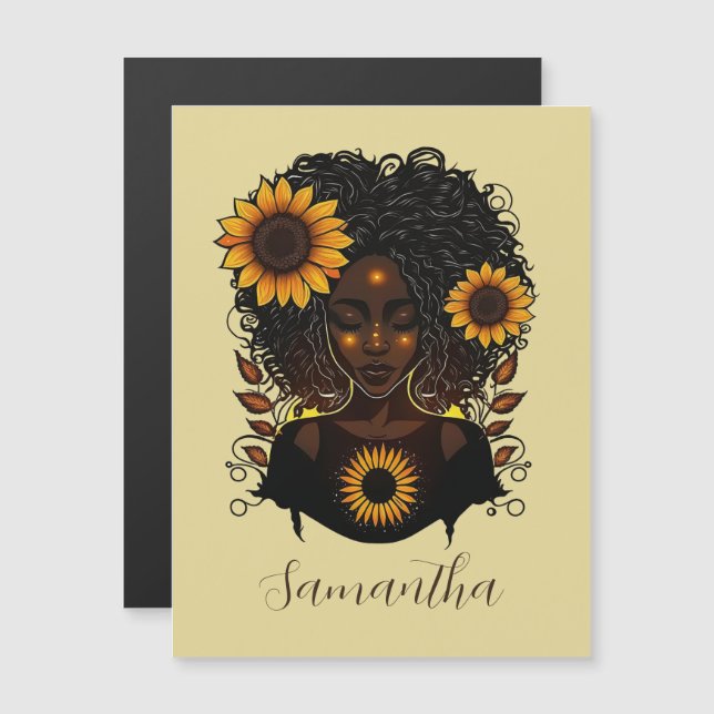 Carte Magnétique Reine des tournesols Afro femme (Devant / Derrière)