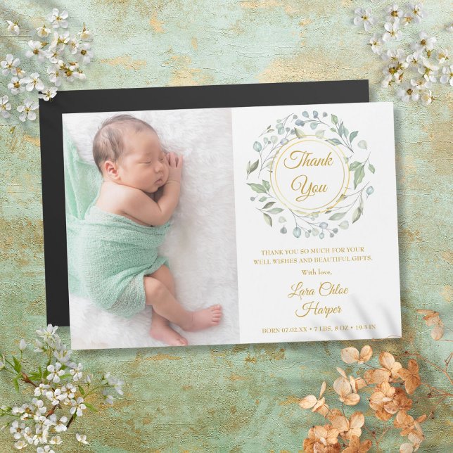 Carte Magnétique Remerciement de naissance de bébé avec feuillage d (Baby Birth Photo Greenery Gold Thank You)