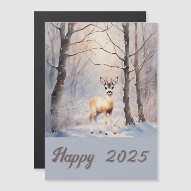 Carte Magnétique roe deer in winter - Happy 2025 (Devant / Derrière)