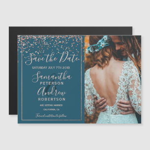 Carte Magnétique Rose en or confetti turquoise enregistrer la photo