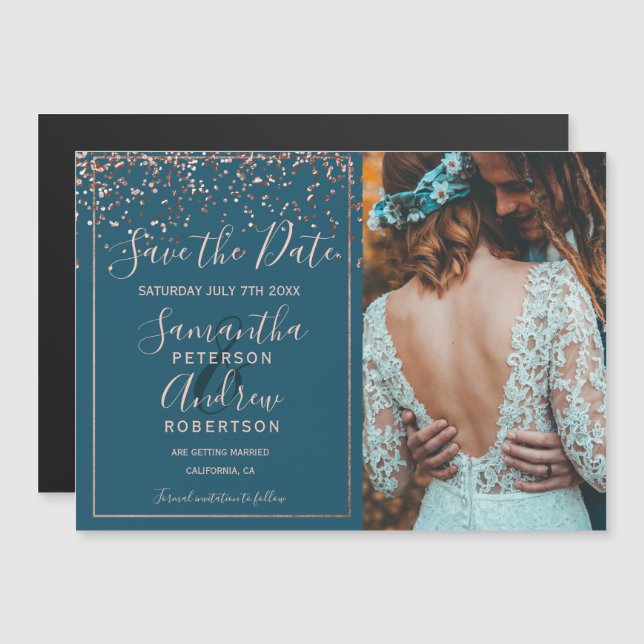Carte Magnétique Rose en or confetti turquoise enregistrer la photo (Devant / Derrière)