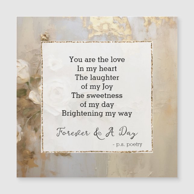 Carte Magnétique Roses blanches d'or romantique Forever Poem (Devant)