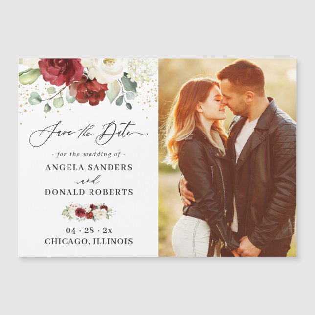 Carte Magnétique Rouge Blanc Floral Chic Wedding Enregistrer la dat (Devant)