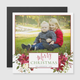 Carte Magnétique Rouge Floral Hand Lettré Photo Holiday Salutation