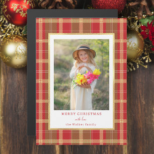 Carte Magnétique Rouge rustique chaud & Gold Plaid Photo