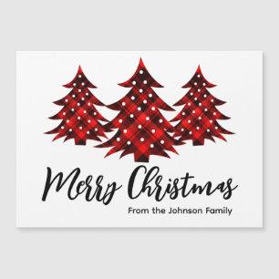 Carte Magnétique Rouge rustique Plaid Blank Joyeux Arbres de Noël