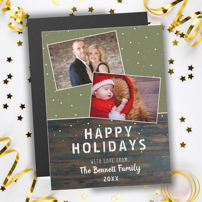 Carte Magnétique Rustic Dark Wood Snow Holiday 2 Photo Collage Card (Créateur téléchargé)