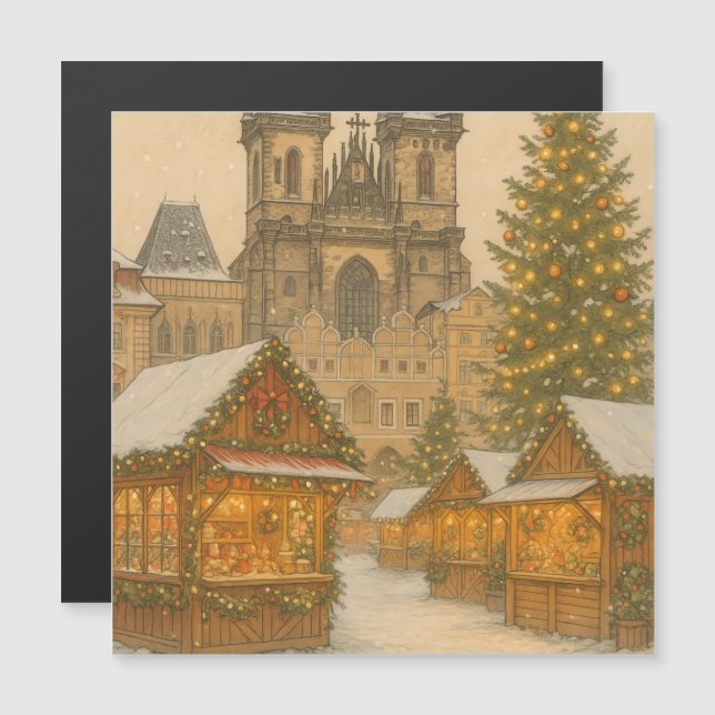 Carte Magnétique Scène d'hiver artistique des fêtes de Noël à Pragu (Devant / Derrière)