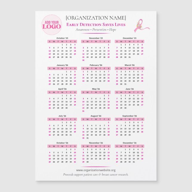 Carte Magnétique Sensibilisation au cancer du sein Calendrier du ru (Devant)