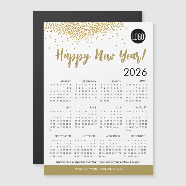 Carte Magnétique Simple Joyeux Nouvel An 2026 Calendrier Votre logo (Devant / Derrière)