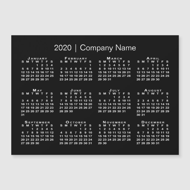 Carte Magnétique Simple Noir et Blanc Calendrier 2020 Nom de la soc (Devant)