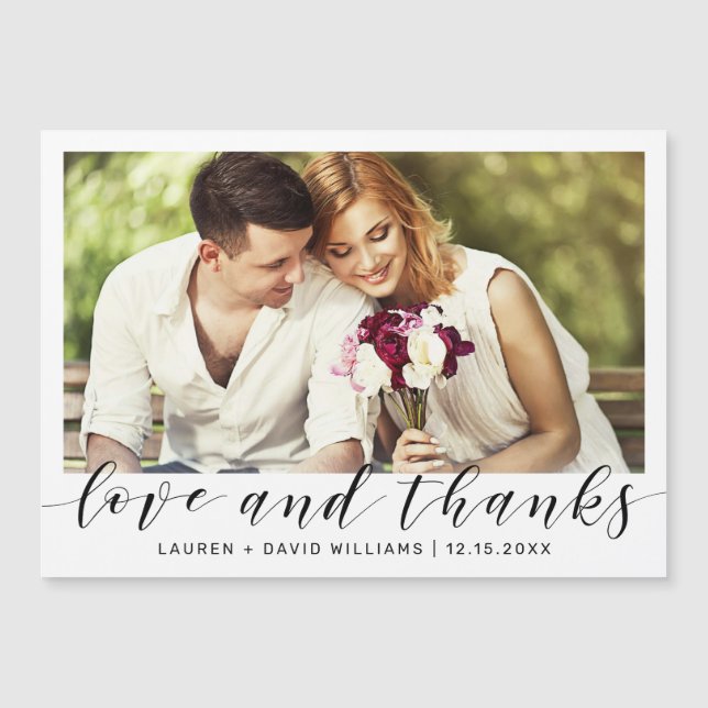 Carte Magnétique Simple photo noir Script Mariage blanc Merci (Devant)