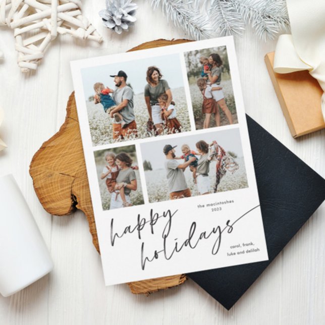 Carte Magnétique Simple Script de Collage de Photos Joyeuses Fêtes  (Simple black and white script happy holidays 4 photo collage holiday magnetic card.)