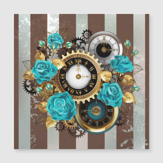 Carte Magnétique Steampunk Clock and Turquoise Roses on Striped (Devant)