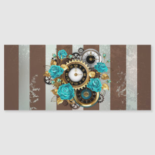 Carte Magnétique Steampunk Clock and Turquoise Roses on Striped