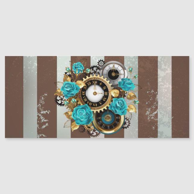Carte Magnétique Steampunk Clock and Turquoise Roses on Striped (Devant)