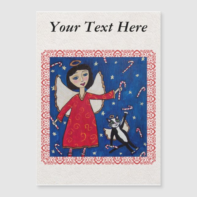Carte Magnétique Sucre de canne Ange Chat Noël Folk Art (Devant)