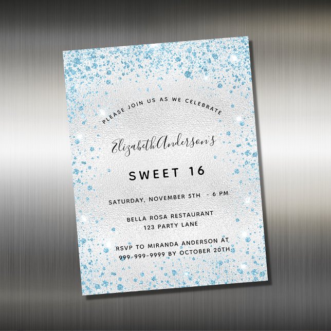 Carte Magnétique Sweet 16 parties scintillant bleu argent aimant in (Créateur téléchargé)