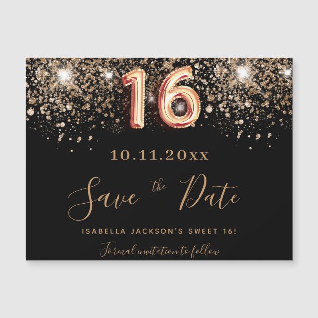 Carte Magnétique Sweet 16 parties scintillant noire enregistrer l'a (Devant)