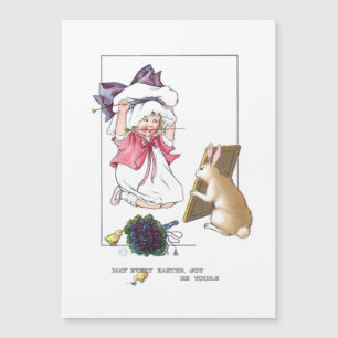 Carte Magnétique Sweet Vintage fille avec Bonnet et Lapin de Pâques