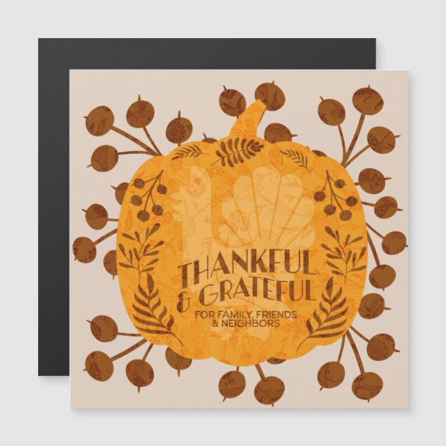 Carte Magnétique Thanksgiving Thankful Turquie Citrouille vert (Devant / Derrière)