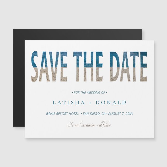 Carte Magnétique Typographie Plage Mariage Enregistrer La Date (Devant / Derrière)